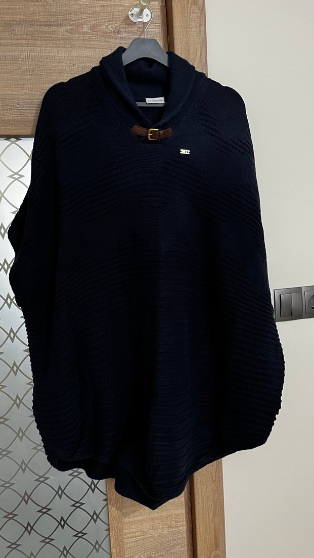 Kulaklık Us polo Kadın Lacivert Yünlü Yüksek Yakalı Panço - Görsel 3