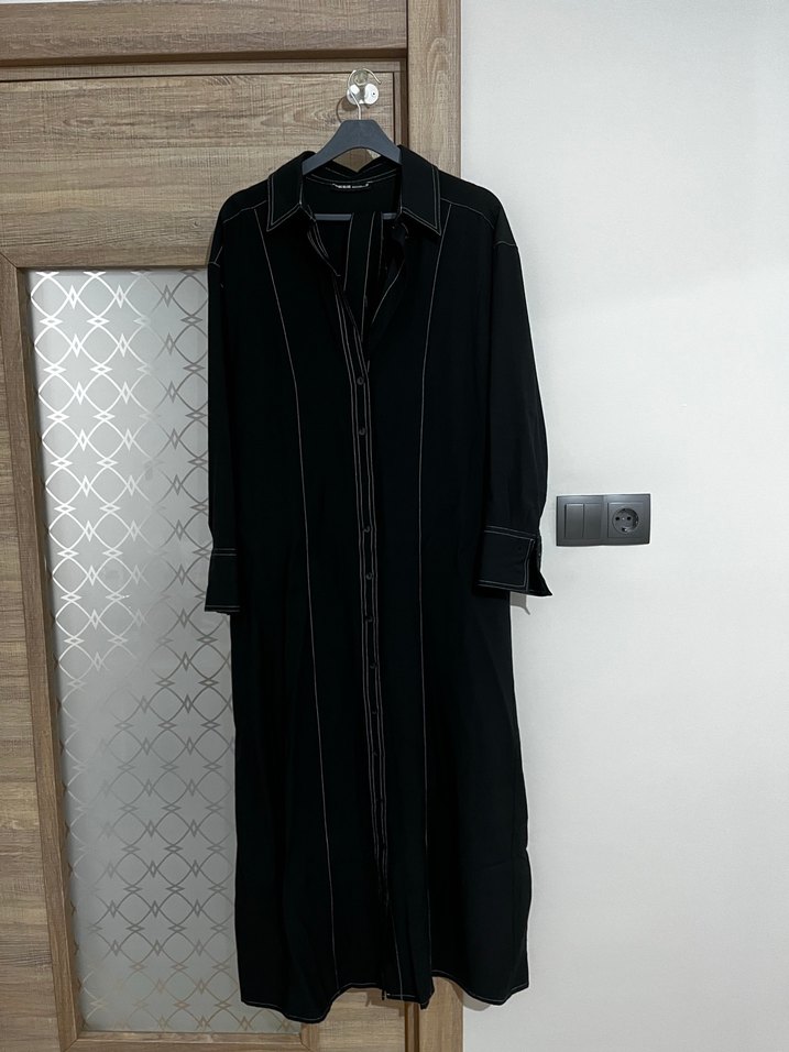 Be blue Kadın Siyah Kemerli Uzun Keten Elbise - Görsel 2