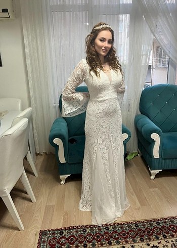 Dantel Detaylı Beyaz V Yaka Bohem Gelinlik - Görsel 3