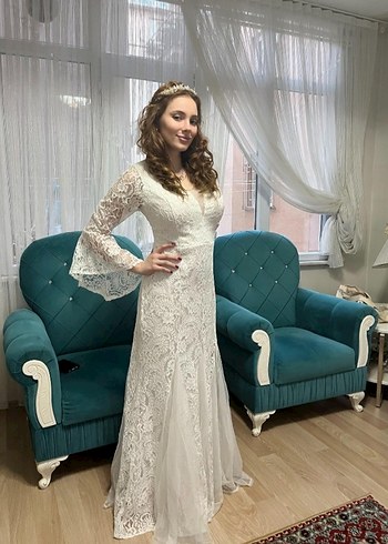 Dantel Detaylı Beyaz V Yaka Bohem Gelinlik - Görsel 2