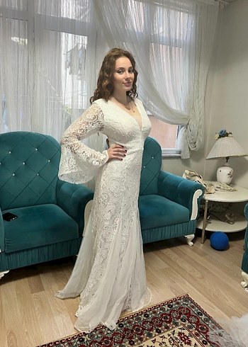 Dantel Detaylı Beyaz V Yaka Bohem Gelinlik - Görsel 5