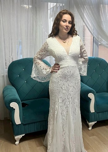 Dantel Detaylı Beyaz V Yaka Bohem Gelinlik - Görsel 4