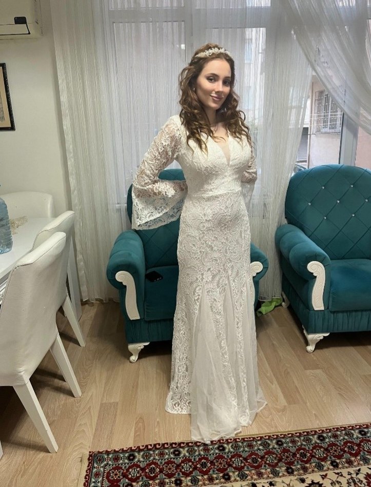 Dantel Detaylı Beyaz V Yaka Bohem Gelinlik - Görsel 3