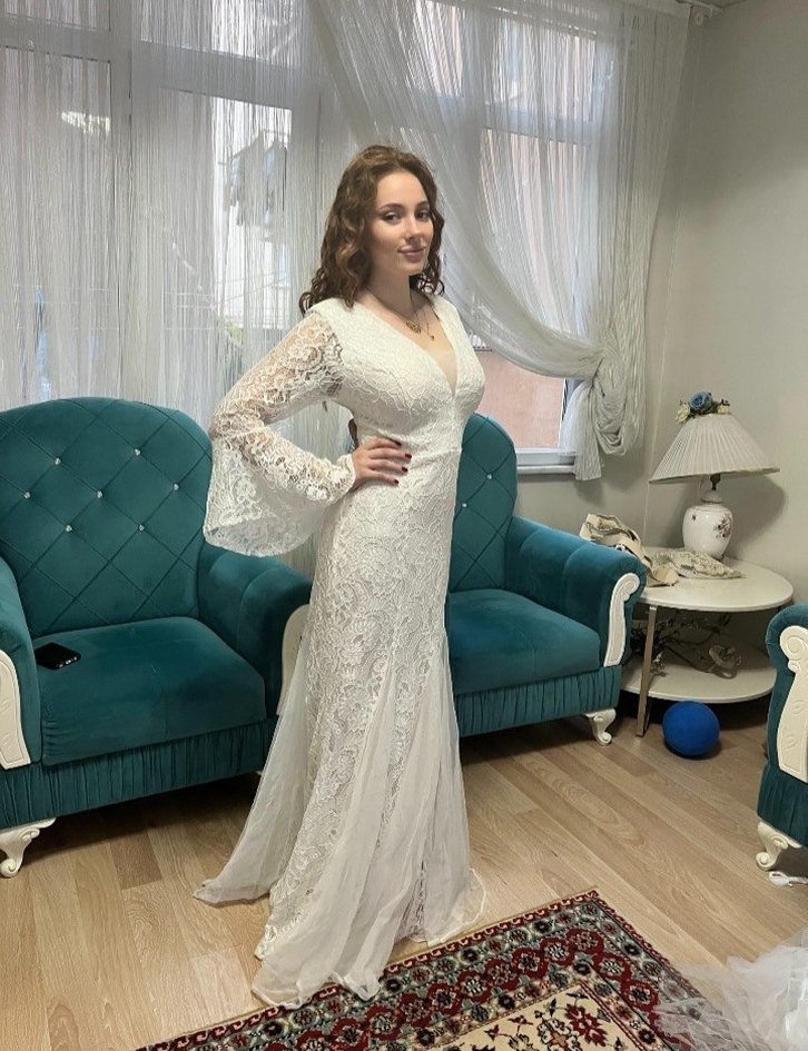 Dantel Detaylı Beyaz V Yaka Bohem Gelinlik - Görsel 5