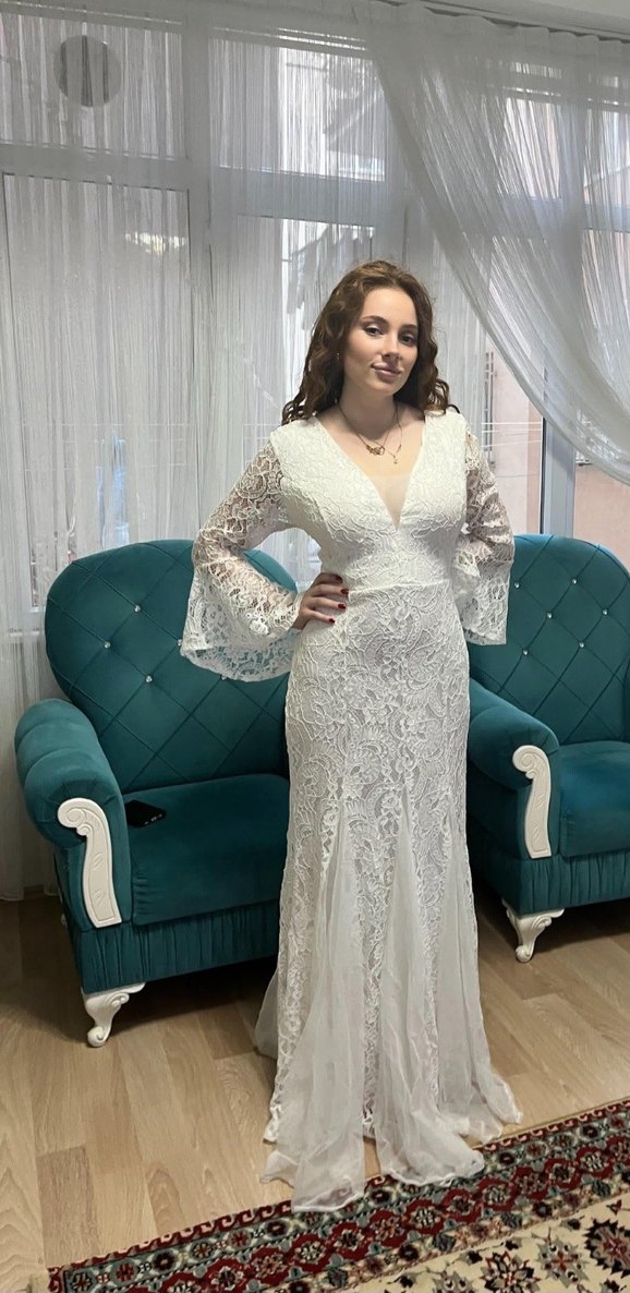 Dantel Detaylı Beyaz V Yaka Bohem Gelinlik - Görsel 4