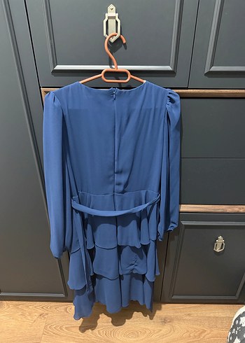 Klasik V Yaka İndigo Midi Elbise, şifon - Görsel 2