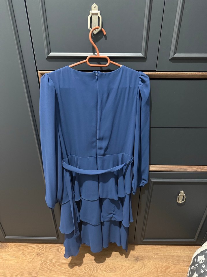 Klasik V Yaka İndigo Midi Elbise, şifon - Görsel 2