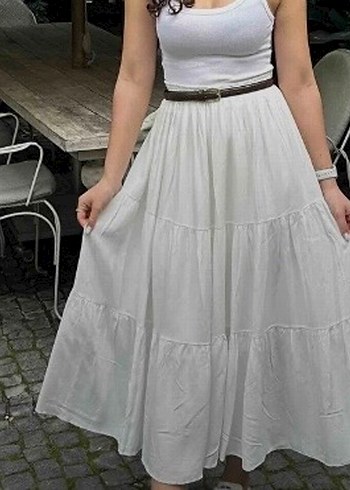 Koton Bohem Beyaz Uzun Keten fırfırlı Etek