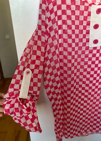Ekol Pembe Ekose Desenli Uzun Kollu Salaş Kadın Gömlek