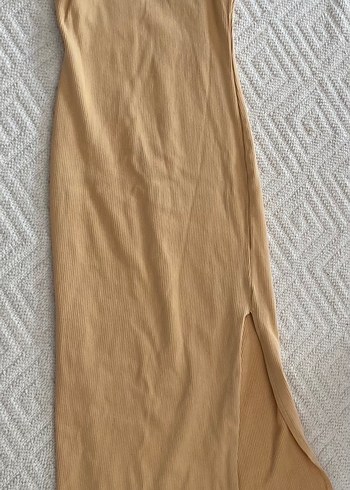 Krem Renk Fitilli Kolsuz MIDI elbise - Görsel 5