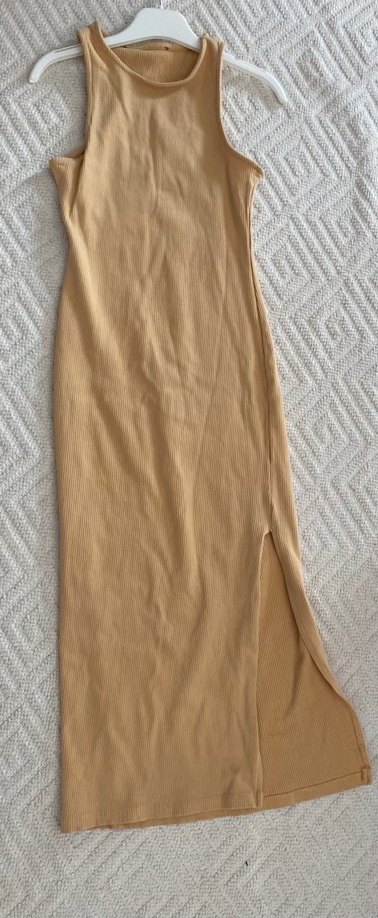 Krem Renk Fitilli Kolsuz MIDI elbise - Görsel 5