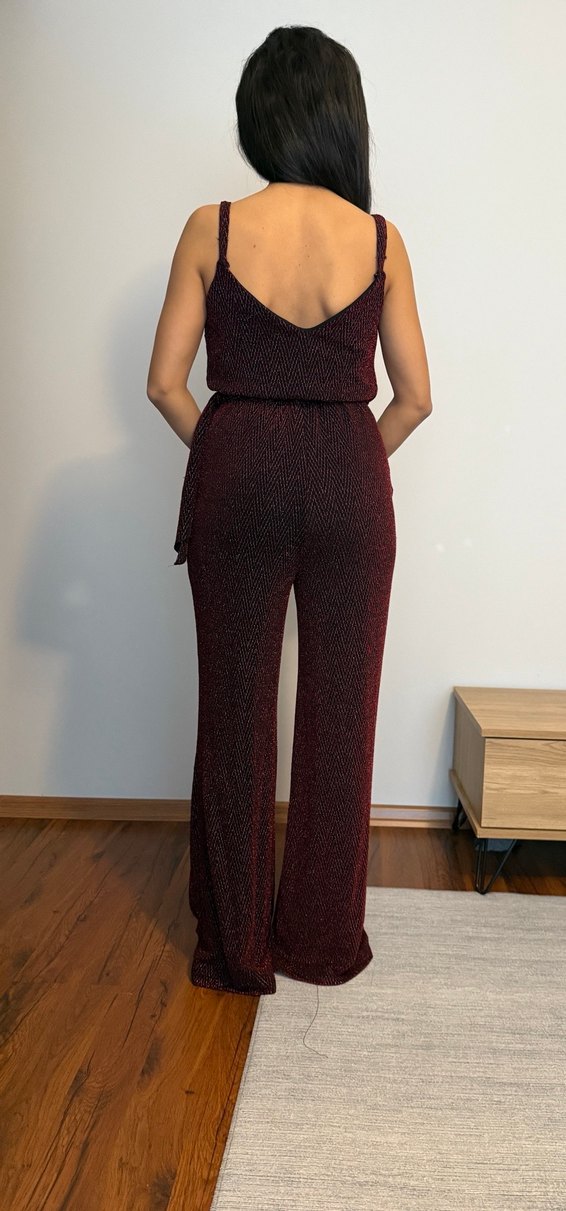 Bordo Simli V Yaka Kadın Tulum - Görsel 2