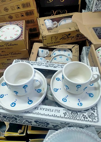 Beyaz Nazar Boncuklu Kahve Fincan Takımı