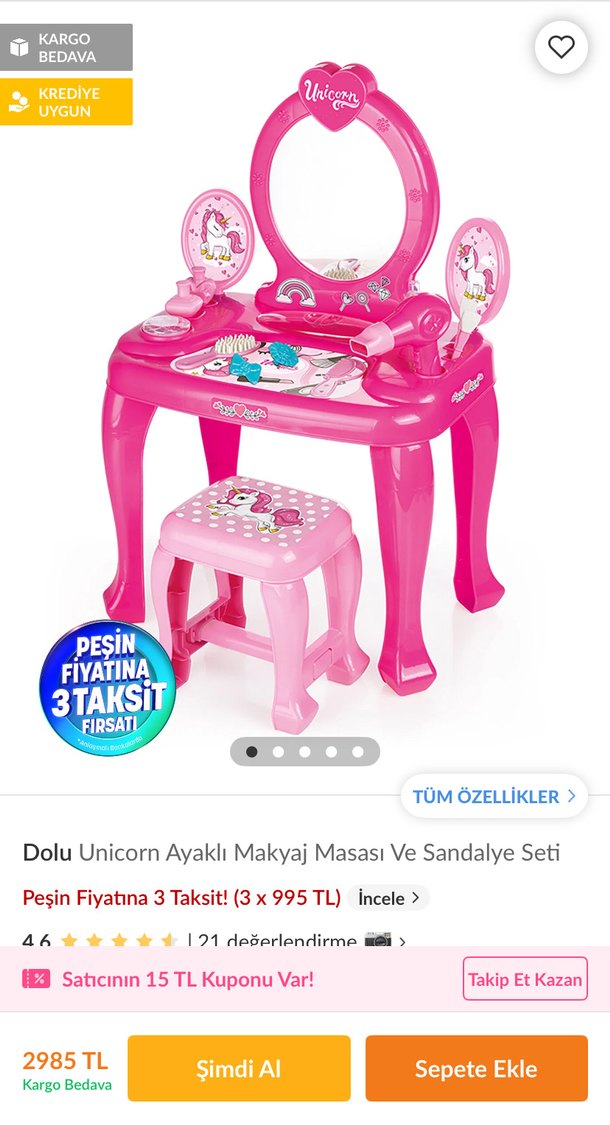 Pembe Çocuk Makyaj Masası ve Taburesi - Görsel 2