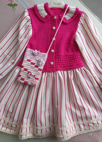 Kız Çocuk örgü Detaylı Pembe elbise - Görsel 2