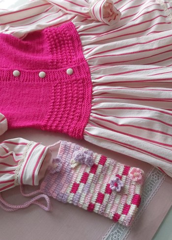 Kız Çocuk örgü Detaylı Pembe elbise - Görsel 3