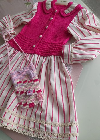 Kız Çocuk örgü Detaylı Pembe elbise - Görsel 4