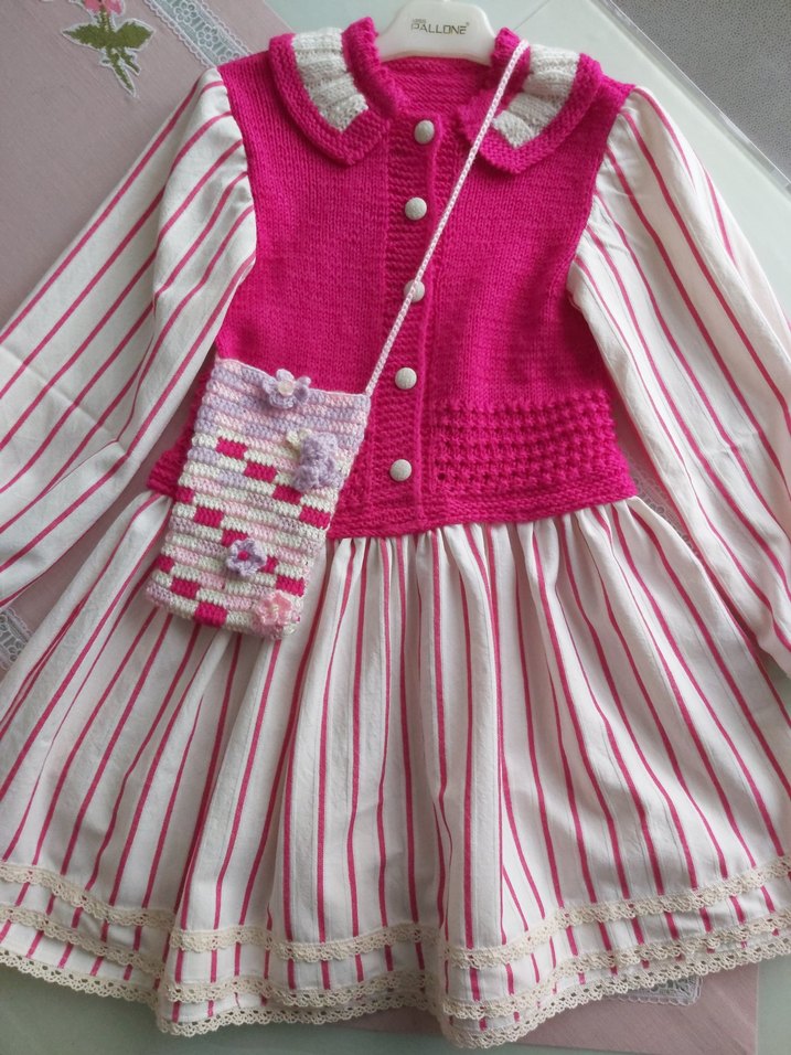 Kız Çocuk örgü Detaylı Pembe elbise - Görsel 2
