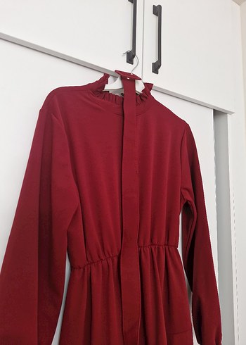 m Beden bordo Renk Bordo Uzun Kollu Fırfırlı Uzun Elbise