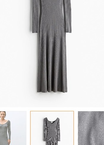 H&M Gri V Yaka Uzun Kollu Triko Elbise - Görsel 2