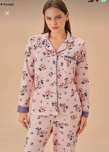 Pembe Çiçek Desenli Uzun Kollu Pijama Takımı Suwen - Görsel 2