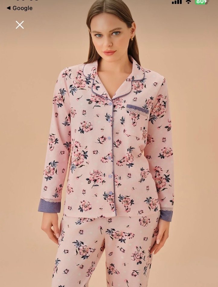 Pembe Çiçek Desenli Uzun Kollu Pijama Takımı Suwen - Görsel 2