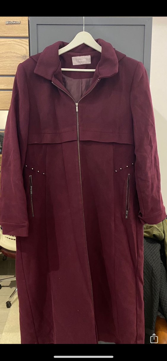 Nihan Bordo Fermuarlı Kadın Uzun Kaban - Görsel 2