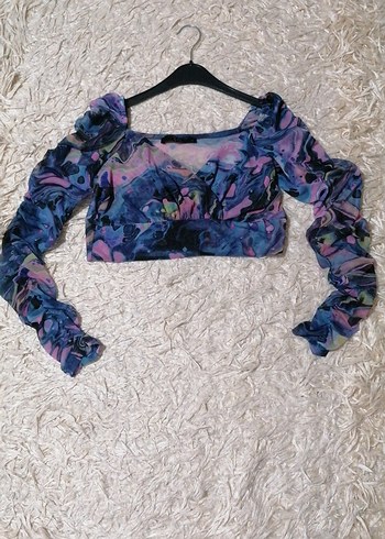 Mor Bağlama Desenli Uzun Kollu Crop Bluz