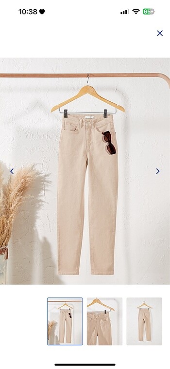 Bej rengi slim mom Jean pantolon