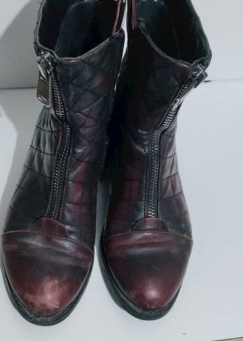 Bordo Deri Fermuarlı Blok Topuklu Bot - Görsel 2