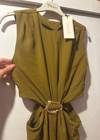 Drapeli Uzun Haki Midi Elbise - Görsel 6