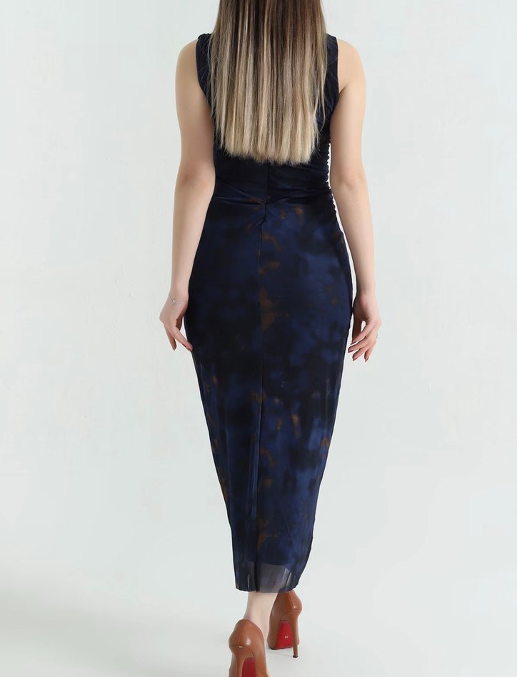 Kadın Lacivert Uzun Drapeli tül Elbise - Görsel 3