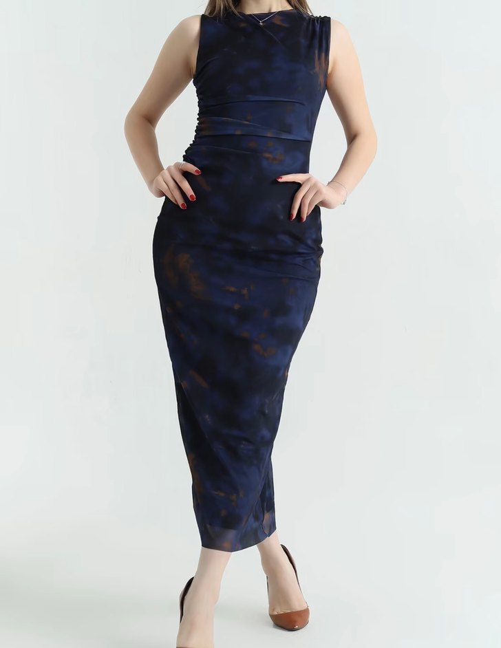 Kadın Lacivert Uzun Drapeli tül Elbise - Görsel 2