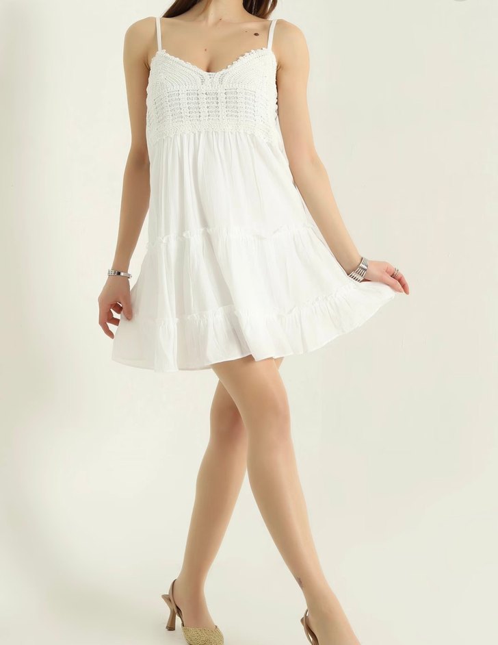 Beyaz Nakışlı Bohem  Elbise - Görsel 2