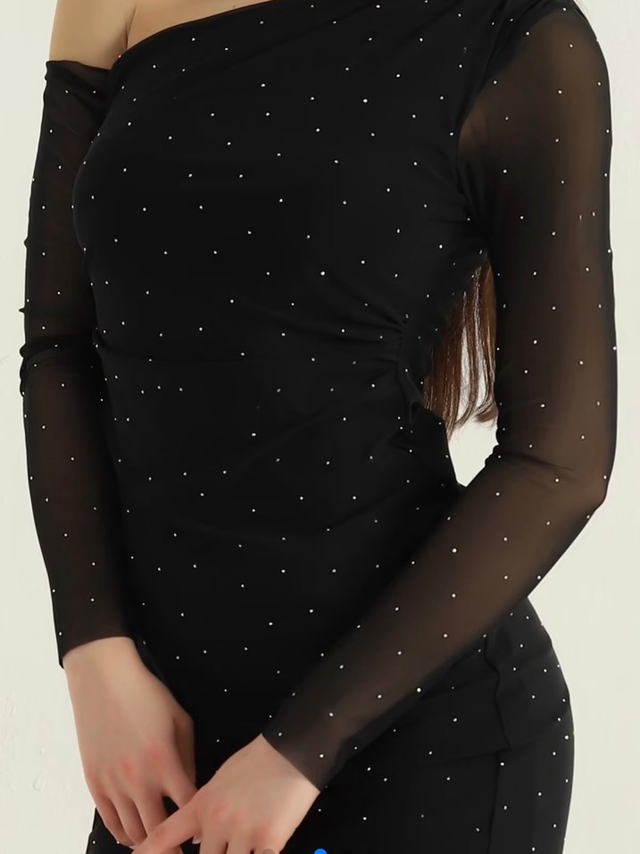 Uzun Kollu Puantiyeli  Midi Elbise - Görsel 3