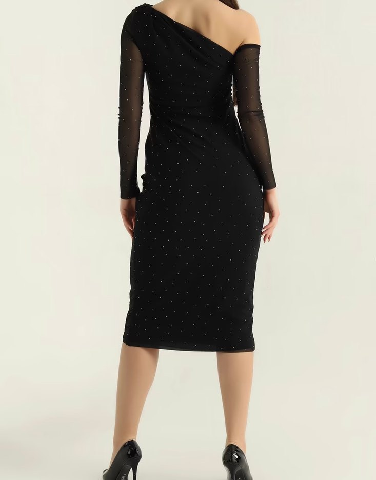 Uzun Kollu Puantiyeli  Midi Elbise - Görsel 4