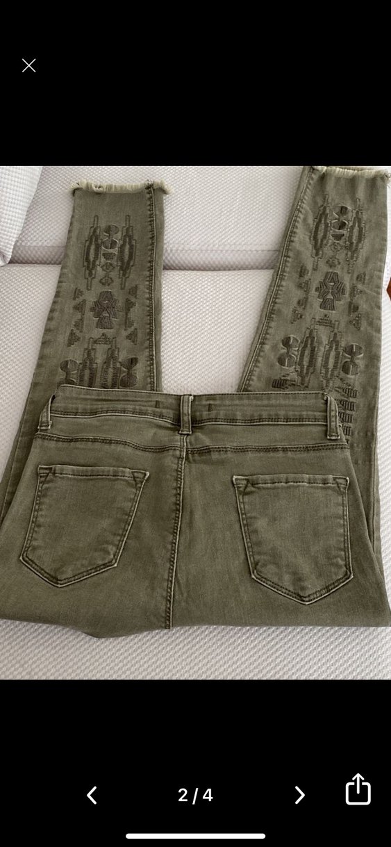 Nakışlı Bej Bohem likralı Kadın Kot Pantolon - Görsel 2