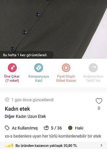 s Beden haki Renk Kadın etek