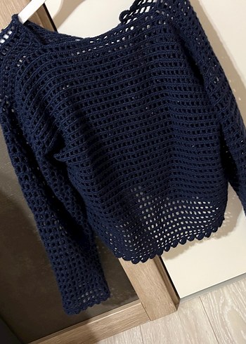 Lacivert Örgü Bohem delikli kazak - Görsel 5