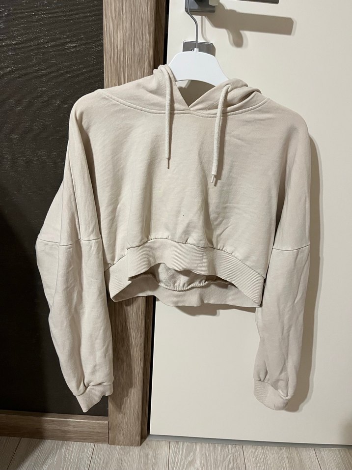 Beyaz Kapüşonlu Crop Salaş Sweatshirt - Görsel 2