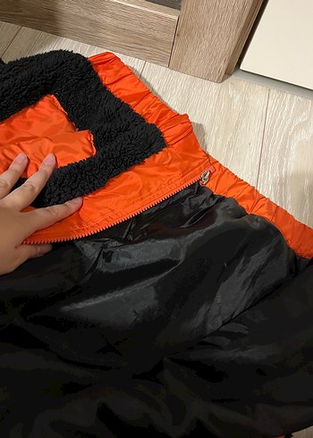 Siyah Turuncu Peluş Detaylı Rahat Ceket mont - Görsel 6