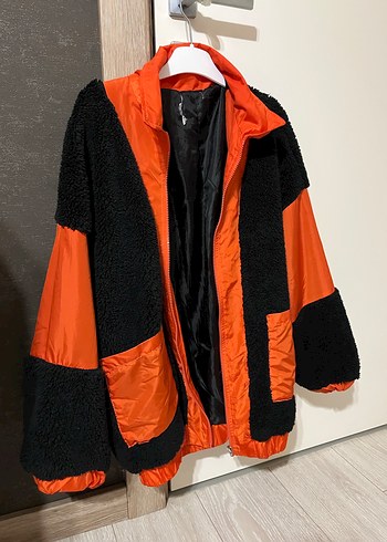 Siyah Turuncu Peluş Detaylı Rahat Ceket mont - Görsel 2