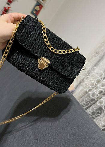 Zincir Detaylı Siyah Simli  Desenli Kadın Çanta - Görsel 11