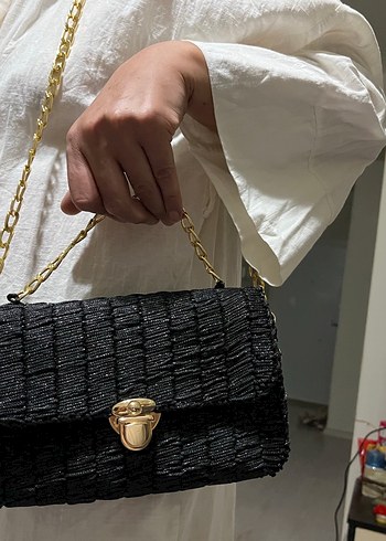 Zincir Detaylı Siyah Simli  Desenli Kadın Çanta - Görsel 10