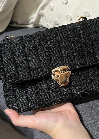 Beden siyah Renk Zincir Detaylı Siyah Simli Desenli Kadın Çanta