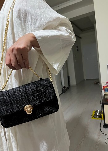 Zincir Detaylı Siyah Simli  Desenli Kadın Çanta - Görsel 8