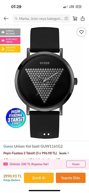 guess siyah unisex kol saati