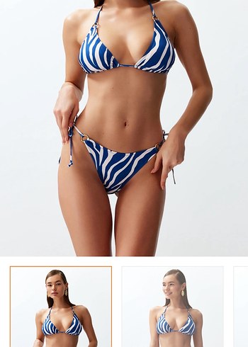 Zebra Desenli Zincir Detaylı Mavi Bikini Takımı
