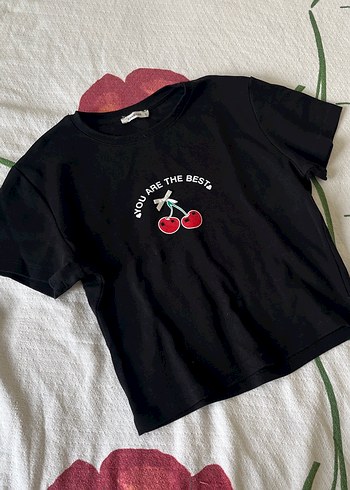 Siyah Kiraz Baskılı Kadın Crop