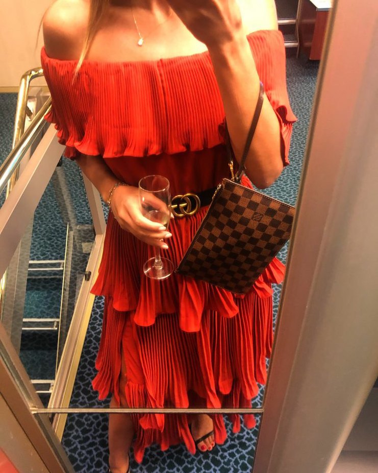 Volanlı Kiremit Rengi Uzun Straplez Elbise - Görsel 4